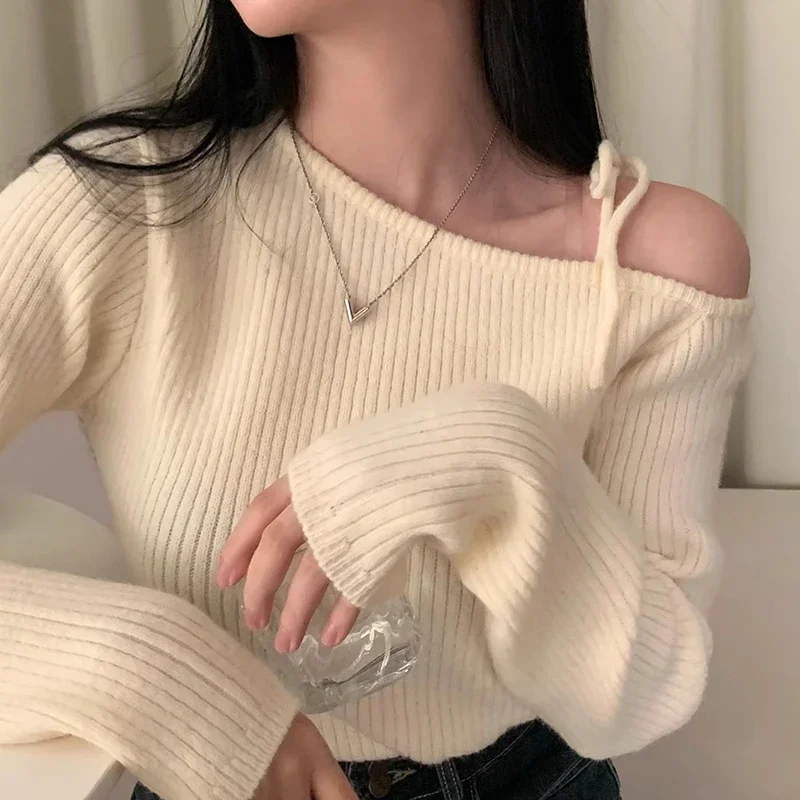 Irregular Skew Collar Sweater Off Shoulder Ropa Mujer Lace Up Bow Pullover Feminino Sexy Womens Clothing Korean Knitwears