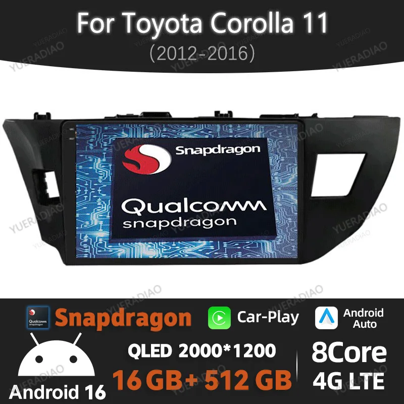 Android 16 Car Radio For Toyota Corolla 11 2012 - 2016 E170 E180 Qualcomm Carplay Auto Car Multimedia Video Player 4G WIFI QLED