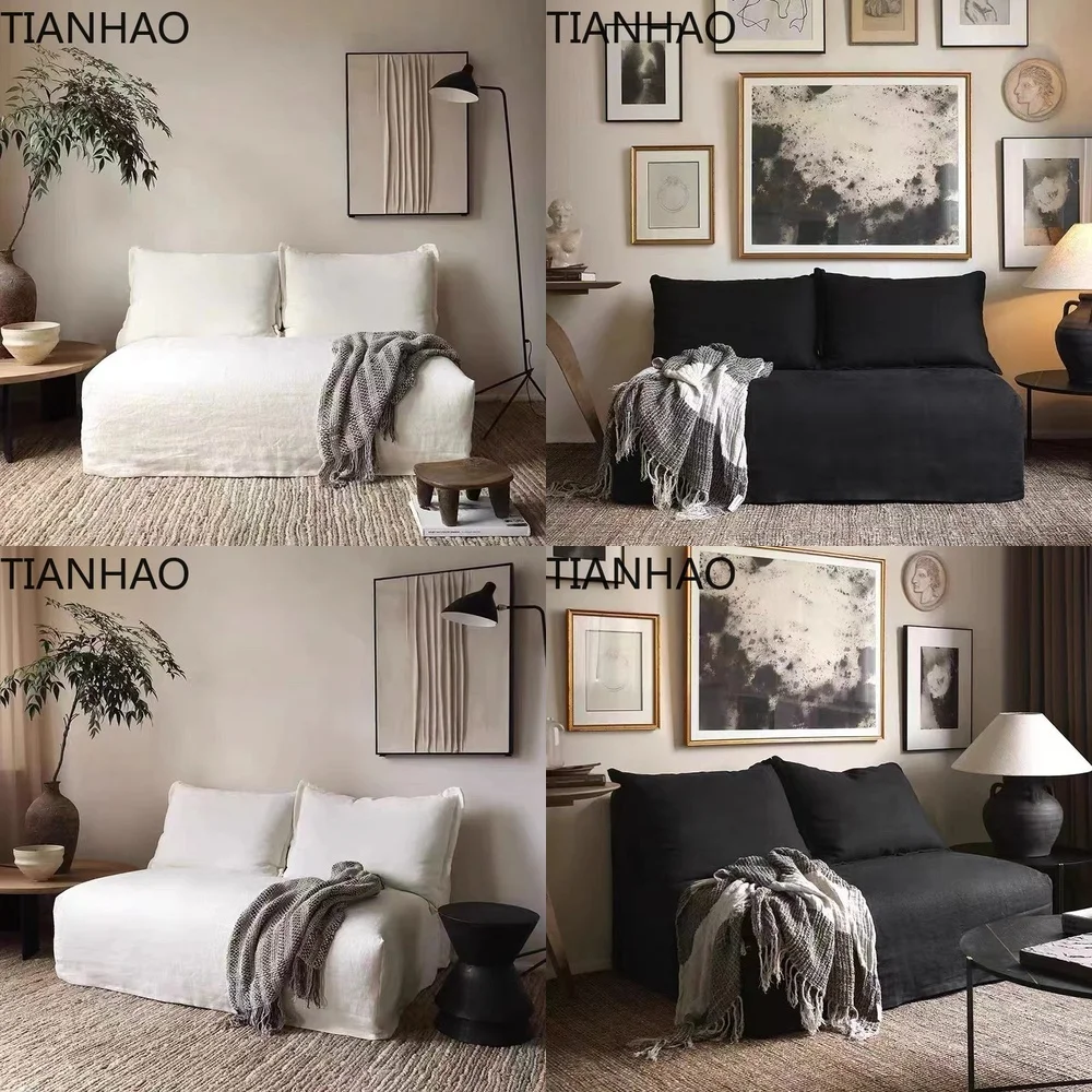 Nordic Japanese Wabi Sabi Washed Linen Two Seater Sofa Fully Removable for Cleaning Vintage Style Guesthouse Furniture