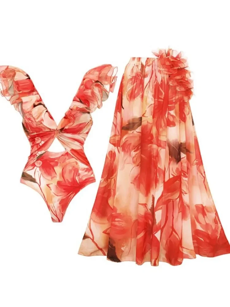 Retro Bikini Printed Fashion One Piece Swimsuit And Cover Up With Skirt Tight Women's Bandage Summer Beach Luxury Elegant
