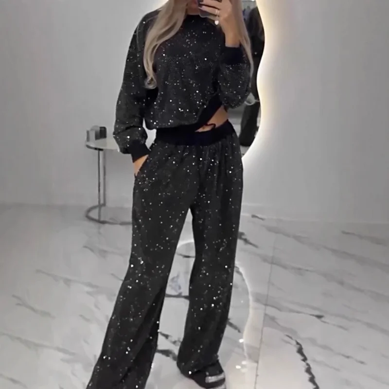 

Европейский и американский осенне-зимний хит продаж, женский свободный топ со звездами и длинными рукавами, круглым вырезом, широкие брюки с завязками