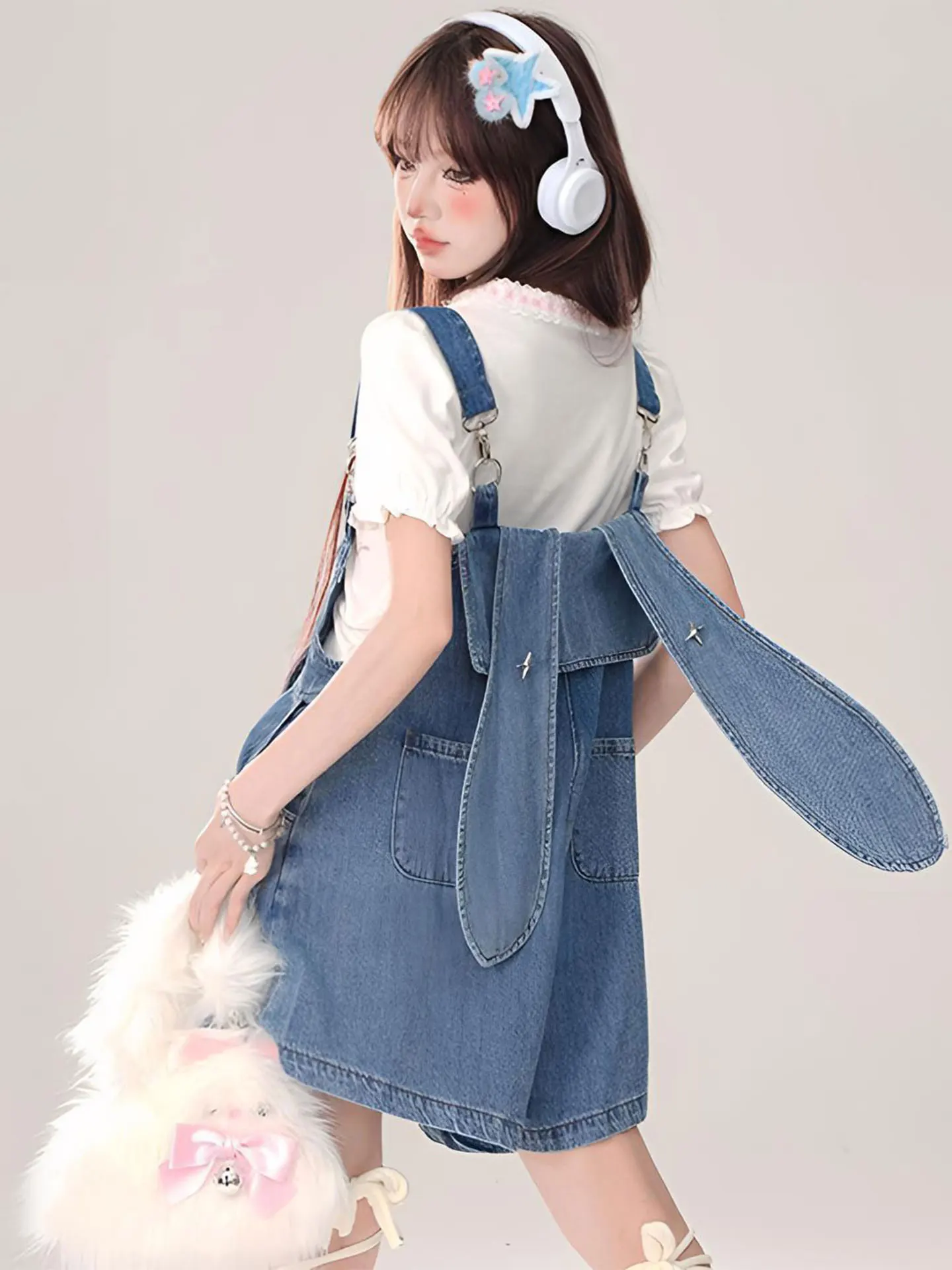 

plus Size Women's Blue Denim ort Pants Jumpsuit with Rabbit Ear Straps Korean Sle Casual High Waist Straight Leg Jeans