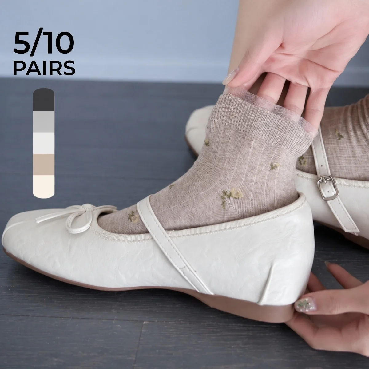 5/10 Pairs of Multi-Colored Women's Short Lace Floral Socks, Moisture-Wicking, Breathable, Sweat-Wicking, Elegant, Cute, Versatile, Gentle, Simple, Solid Color, Suitable for Spring, Summer, and Autumn