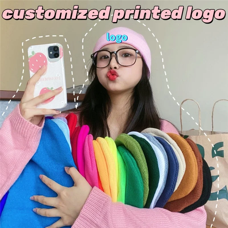 Op maat bedrukt logo Winter gebreide warm koude muts Unisex effen kleur hiphop gehaakte schedel muts hoeden