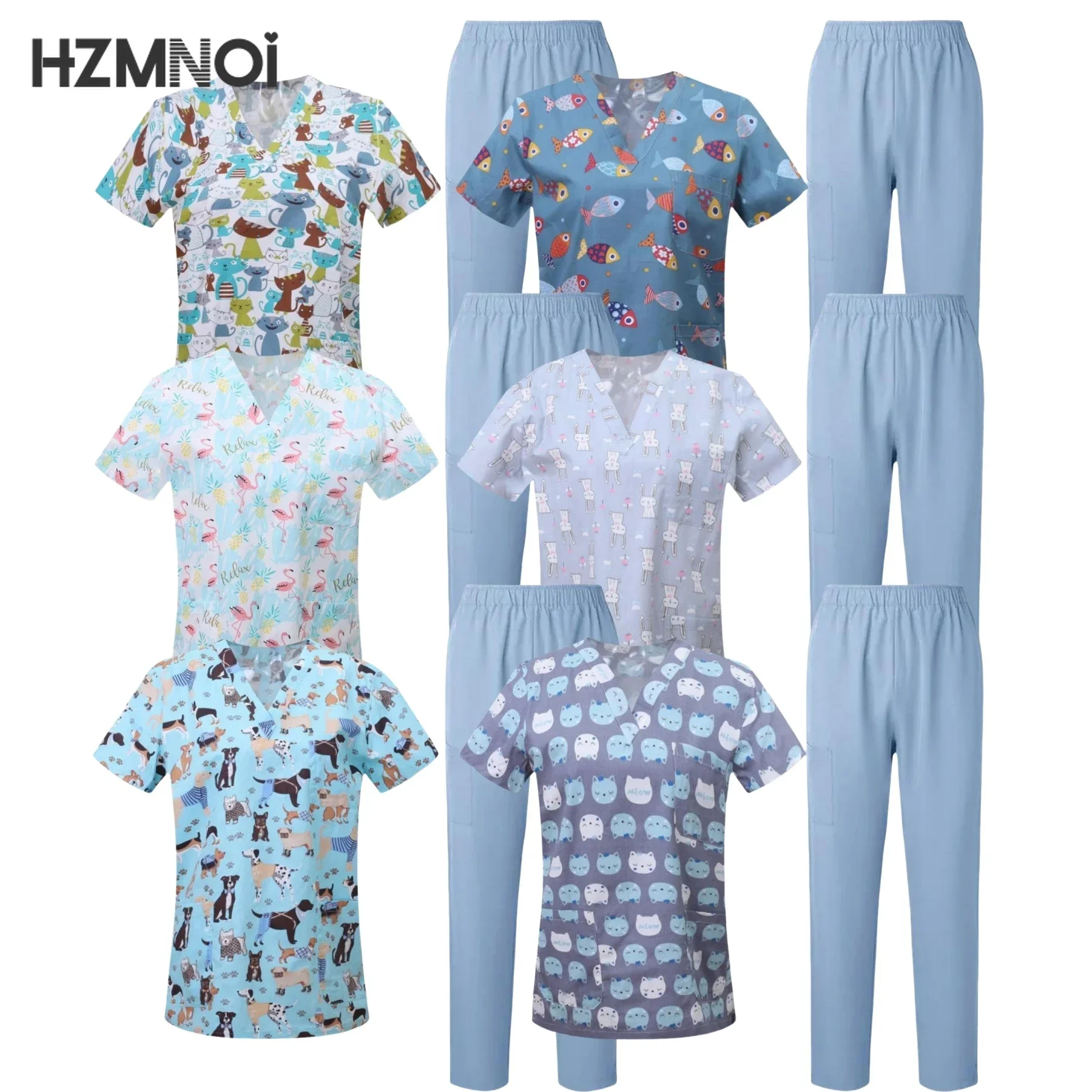 Surgical Uniforms Woman Printing Blouse Pockets Pants Medical Scrub Set Beauty Salon Workwear Clinical Scrubs Top+Pants Spa Suit