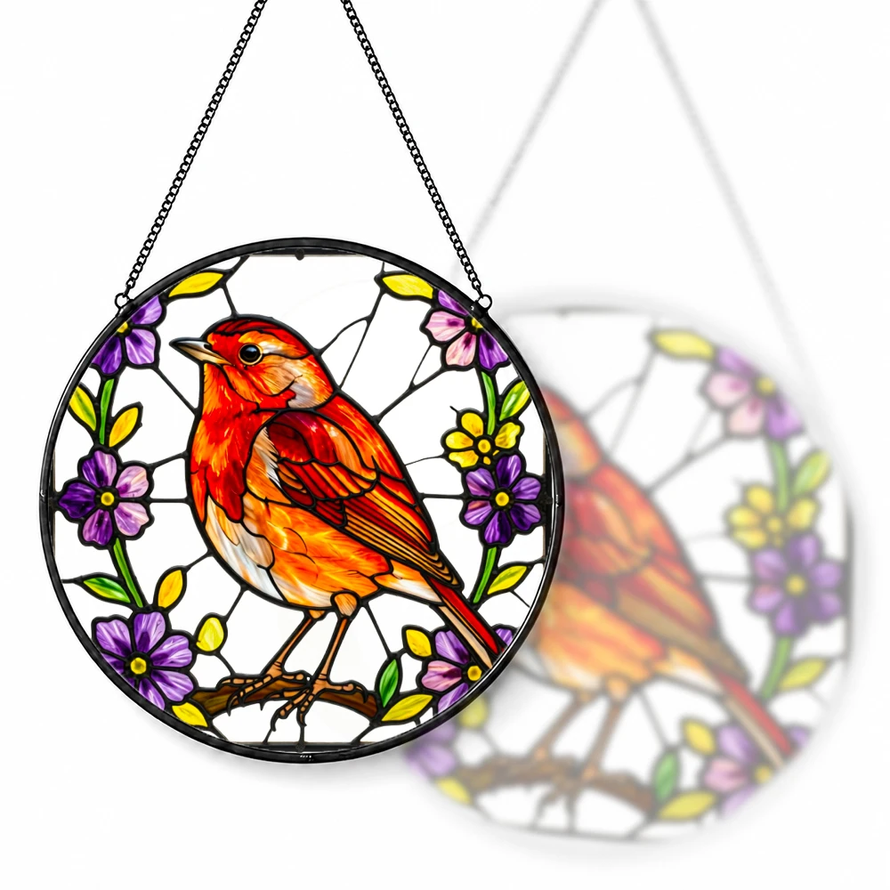 Stained Glass Suncatcher Round Tropical Sunset Beach Palm Tree Hibiscus Flower Window Hanging Decor Home Garden Gift