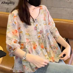 Floral Shirts for Women O-neck Single Breasted Elegant Female Summer Half Sleeve Chic Loose Thin Printed Tops Vintage Simple