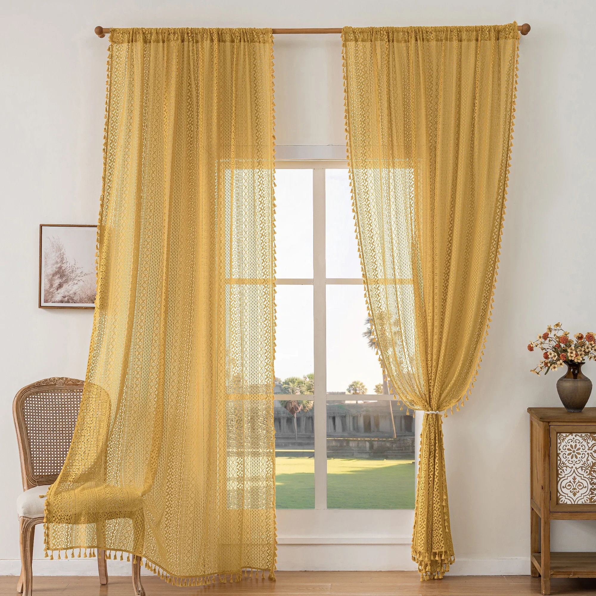 Boho Curtains for Living Room Lace Curtains  Long 2 Panel, Rod Pocket Vintage Tassel Bohemian Decor Geometry Striped Light Filte