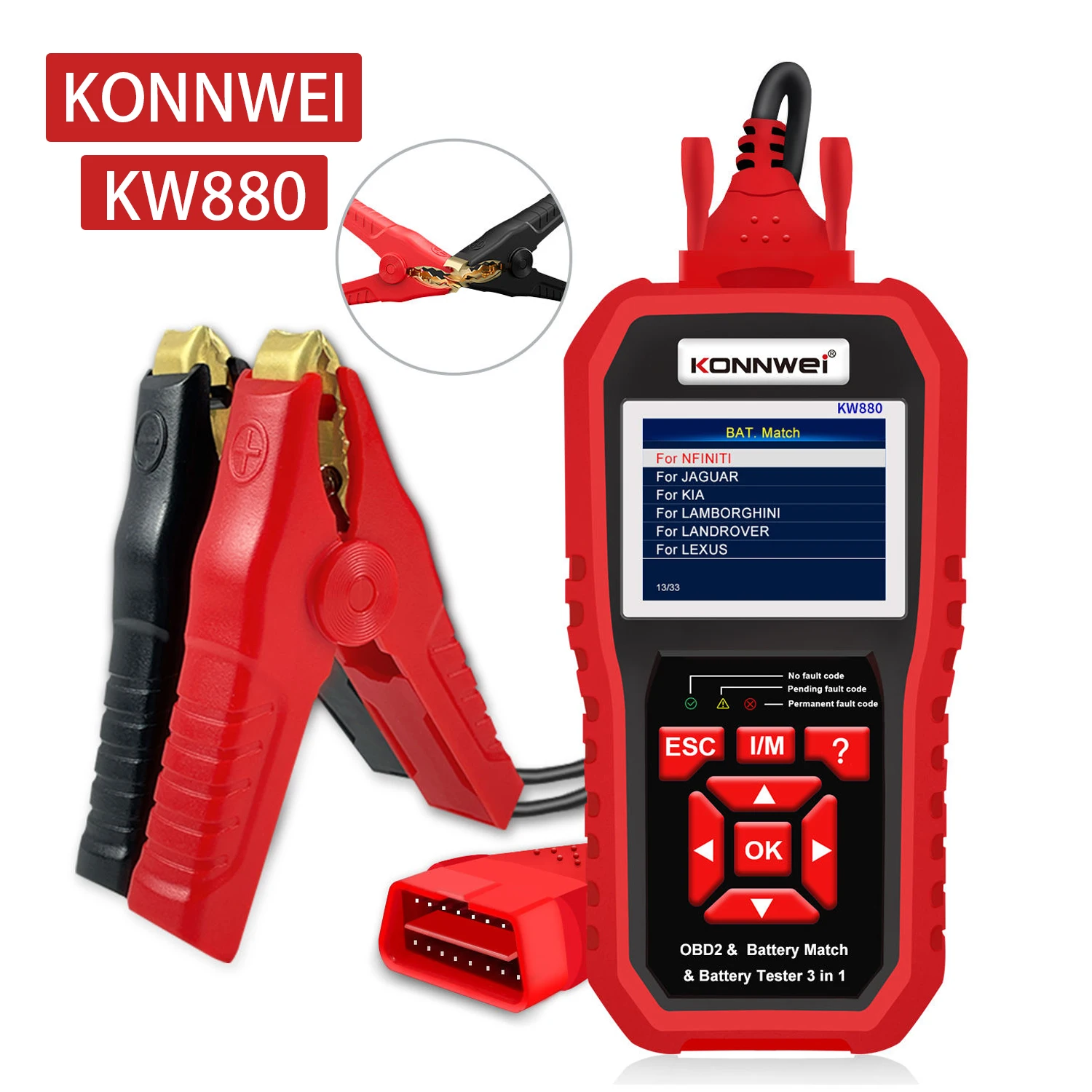 

KW880 KONNWEi 12 В тестер автомобильного аккумулятора, анализатор, автоматический диагностический инструмент, соответствие аккумулятора 3 в 1, автомобильный сканер OBD2, полная функция OBD2
