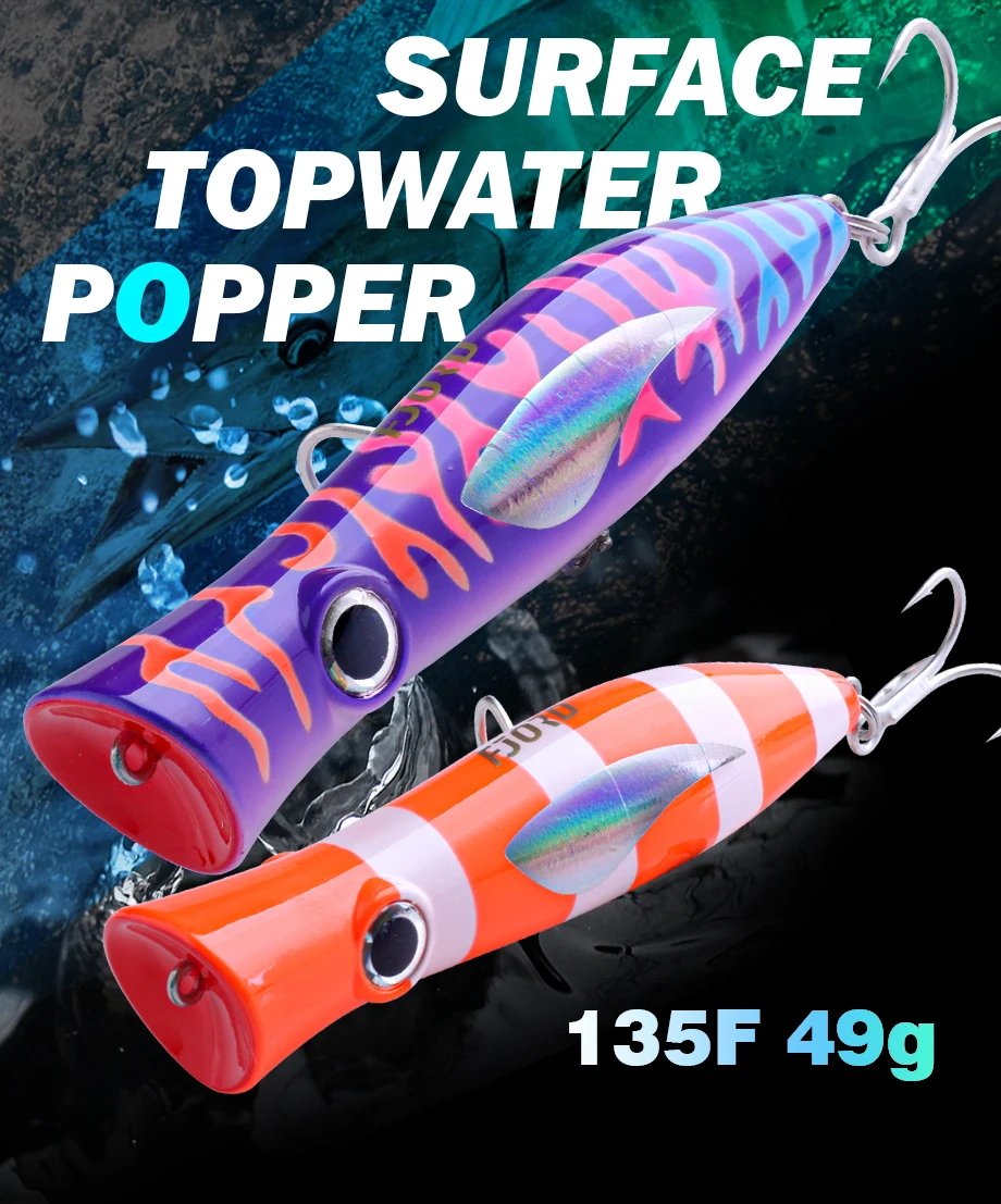 FJORD Popper Angelköder, 49 g, Topwater, schwimmende Oberfläche, Köder mit Drillingshaken, großer Mund, Salzwasser, Meer, harte Köder, Angelwaren – Detail 1