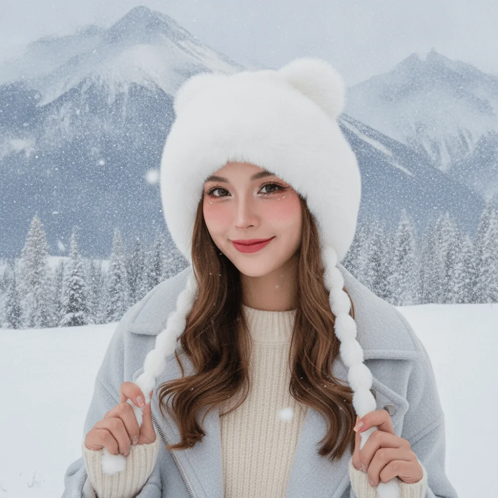 Fleece Lined Pompom Braids Hat Striped Knit Fur Brim Fur Trim Trapper ElasticThick Soft Yarn Earflap Winter Cap Students