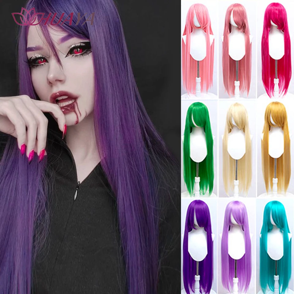 HUAYA Cosplay Wig 100cm Długie proste peruki syntetyczne dla kobiet Odporne na ciepło włosy Blond Zielony Żółty Różowy Anime Kostium Peruki