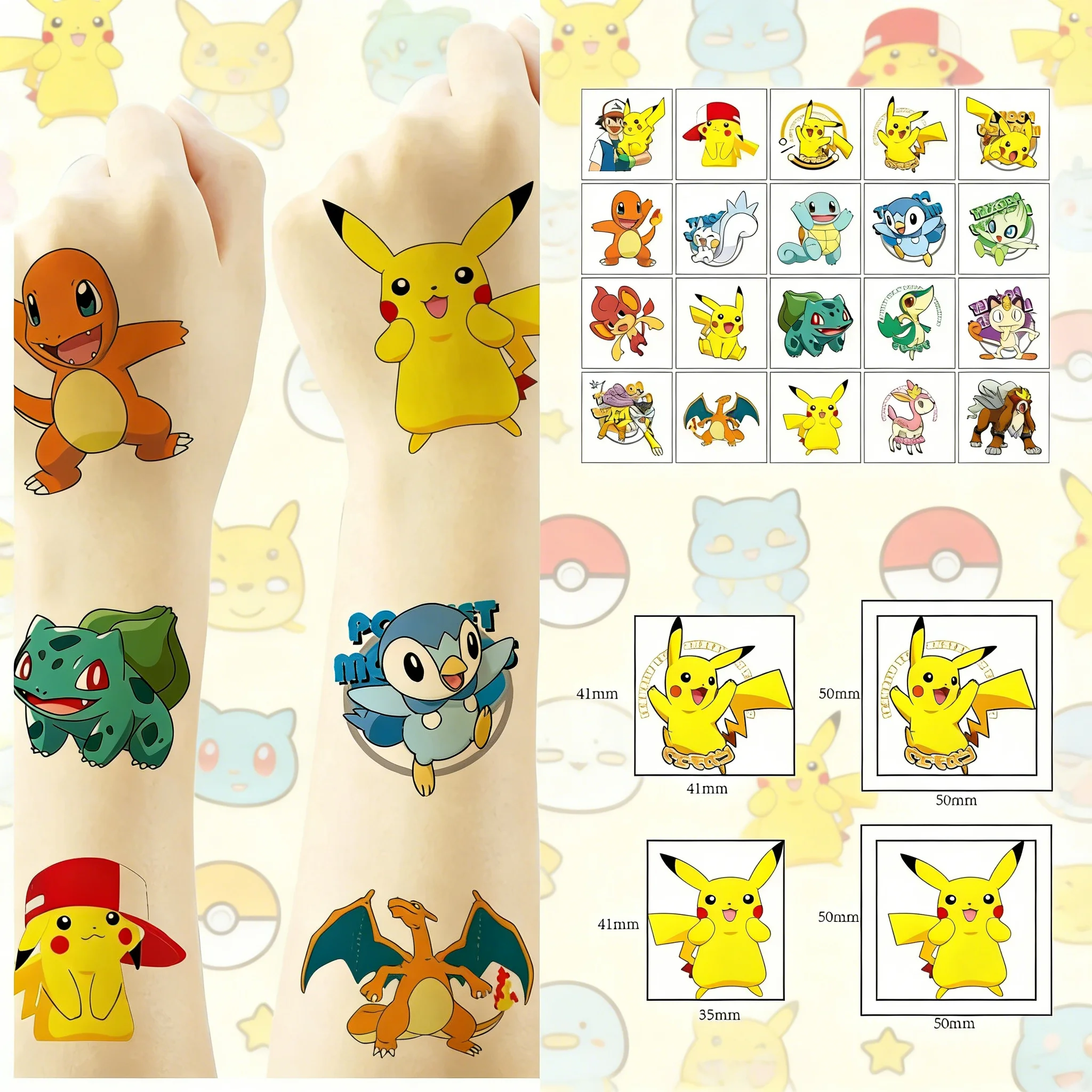 

20/40/100Pcs New Pokemon Tattoo Stickers Waterproof Lovely Pikachu Party Sticker Funny Cartoon Kids Girls Festival Birthday Gift