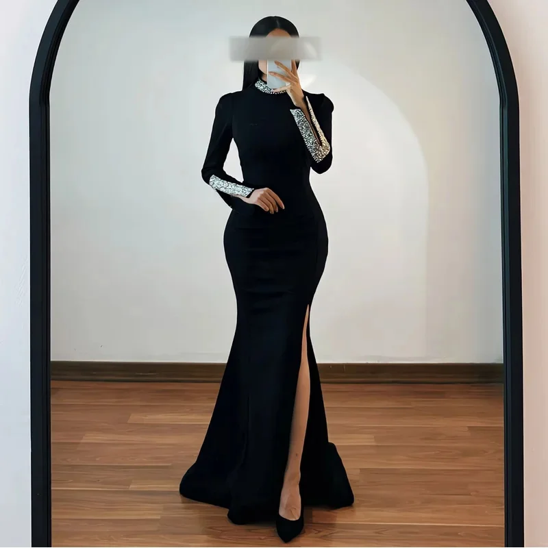 

Indie Customized Elegant Black Prom Gown Women's Turtleneck Beaded Party Evening Dress Floor Length Formal Occasion Dresses 2025