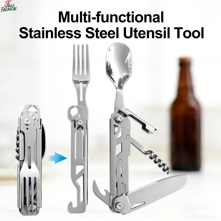 

1Pc Multifunctional Cutlery Set Portable Folding Camping Tableware Stainless Steel Knife Fork Spoon Can Opener Outdoor Equipment
