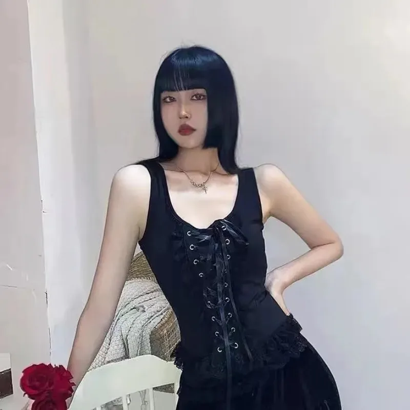 Y2k Goth Red Lace Camis Tops Sexy Tight Aesthetics Punk Floral Lace Tank Top Women Trend Corset Tops Vests Streetwear Vintage