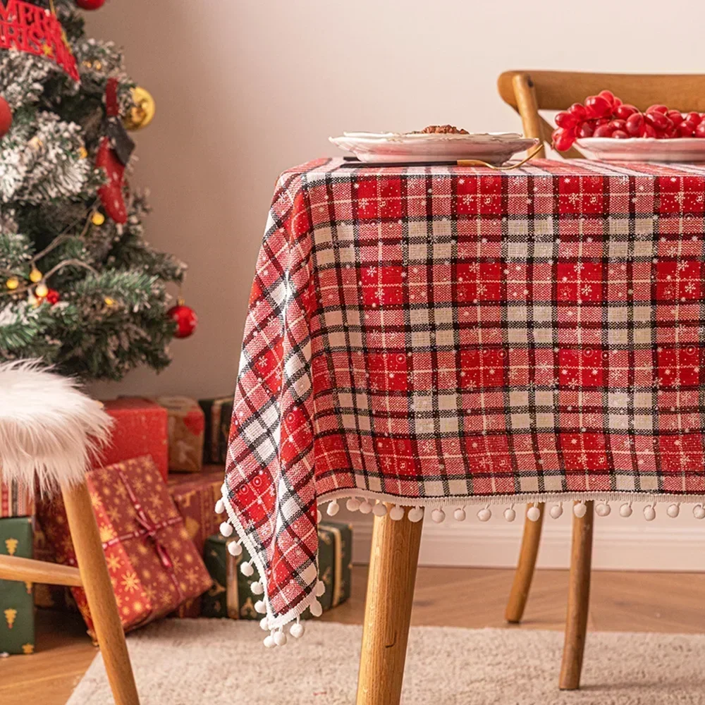Christmas Snowflake Ball Table Cloth Checkered Printing Dressing Table Cover Cloth Christmas New Year Decoration Background