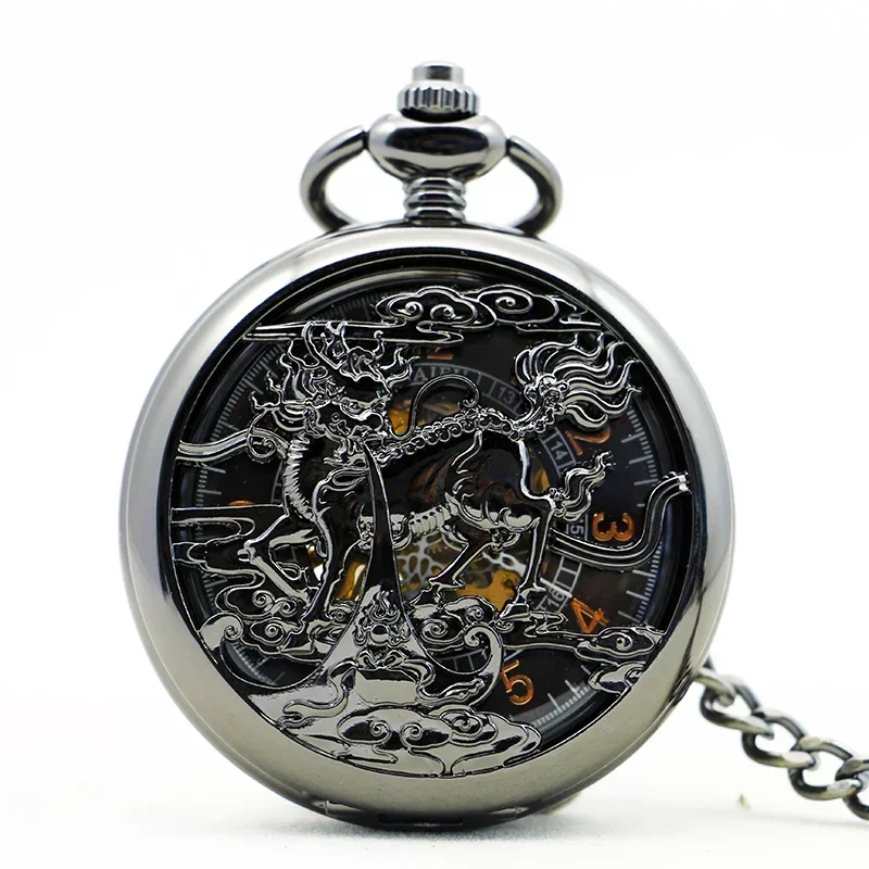 

Vintage Black Charm Mechanical Pocket Watch Personalised Unisex Retro Hollow Skeleton Hand Wind Fob Watch Montre A Gousset