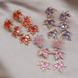 Gold Plated New Design Fashion Jewelry Luxury Color Zircon Three Piece Maple Leaf Earring Elegant Women's Party Accessories