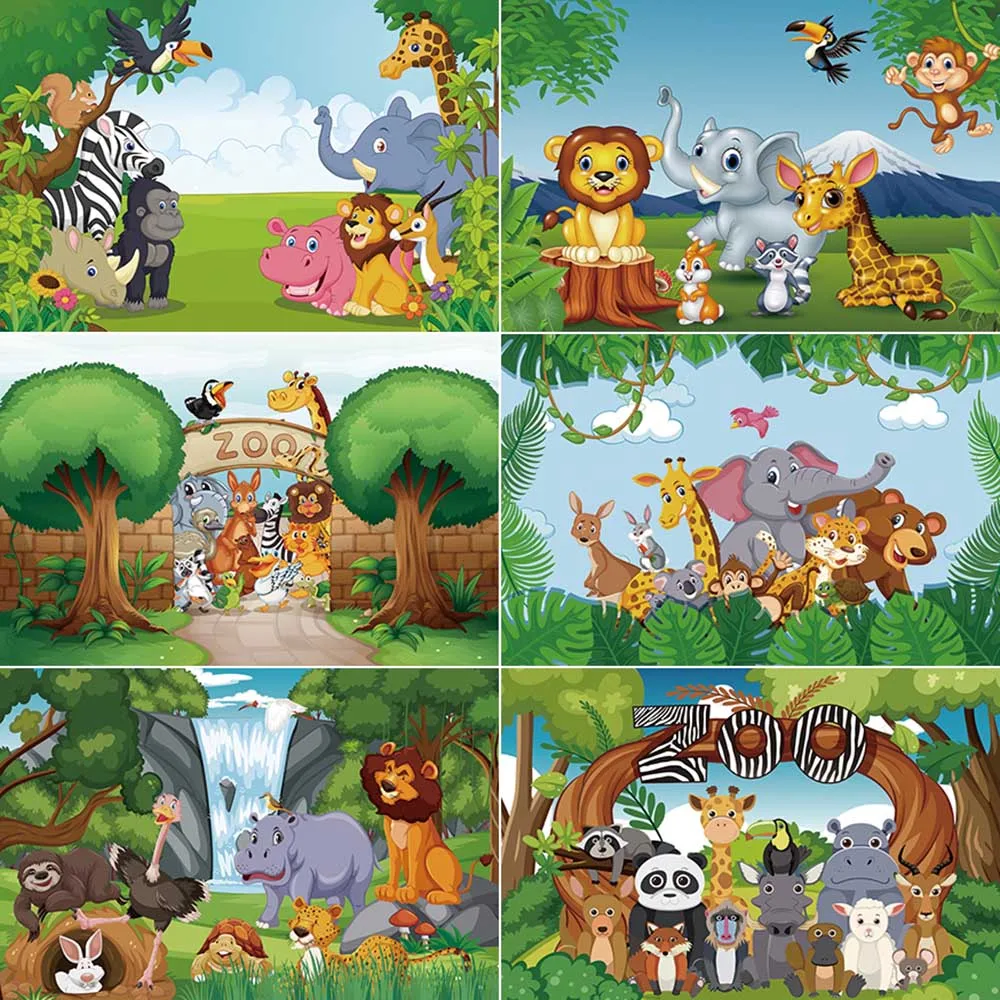 

MOON.QG Cartoon Animals Photography Backdrops Baby Safari Birthday Party Photozones Backgrounds Photo Studio Photobooth Props