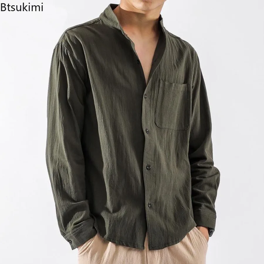 New 2025 Autumn Men's Cotton and Linen Solid Color Shirts with Pocket Fashion Trend Casual Loose Long Sleeves Cardigan for Men