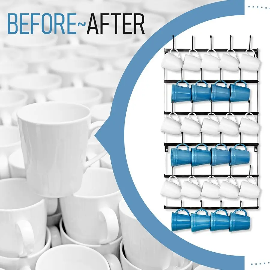 Mug Rack for Wall Large Rustic Coffee Mug Holder Wall Mount with 27 Hooks, Coffee Cup Display Rack, 6Tier Metal Mug Organizer fo