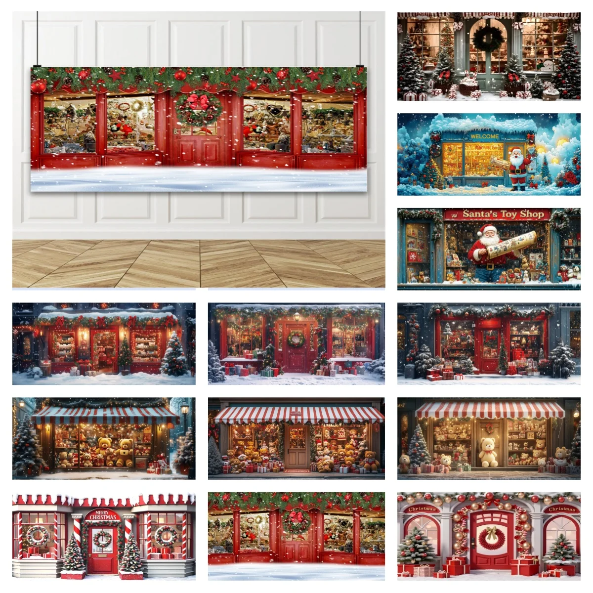سانتا لعبة متجر خلفية الشتاء الثلوج عرض شجرة عيد الميلاد هدية تيدي بير الاطفال الأسرة حفلة عيد الميلاد 600x300 سنتيمتر صورة خلفية