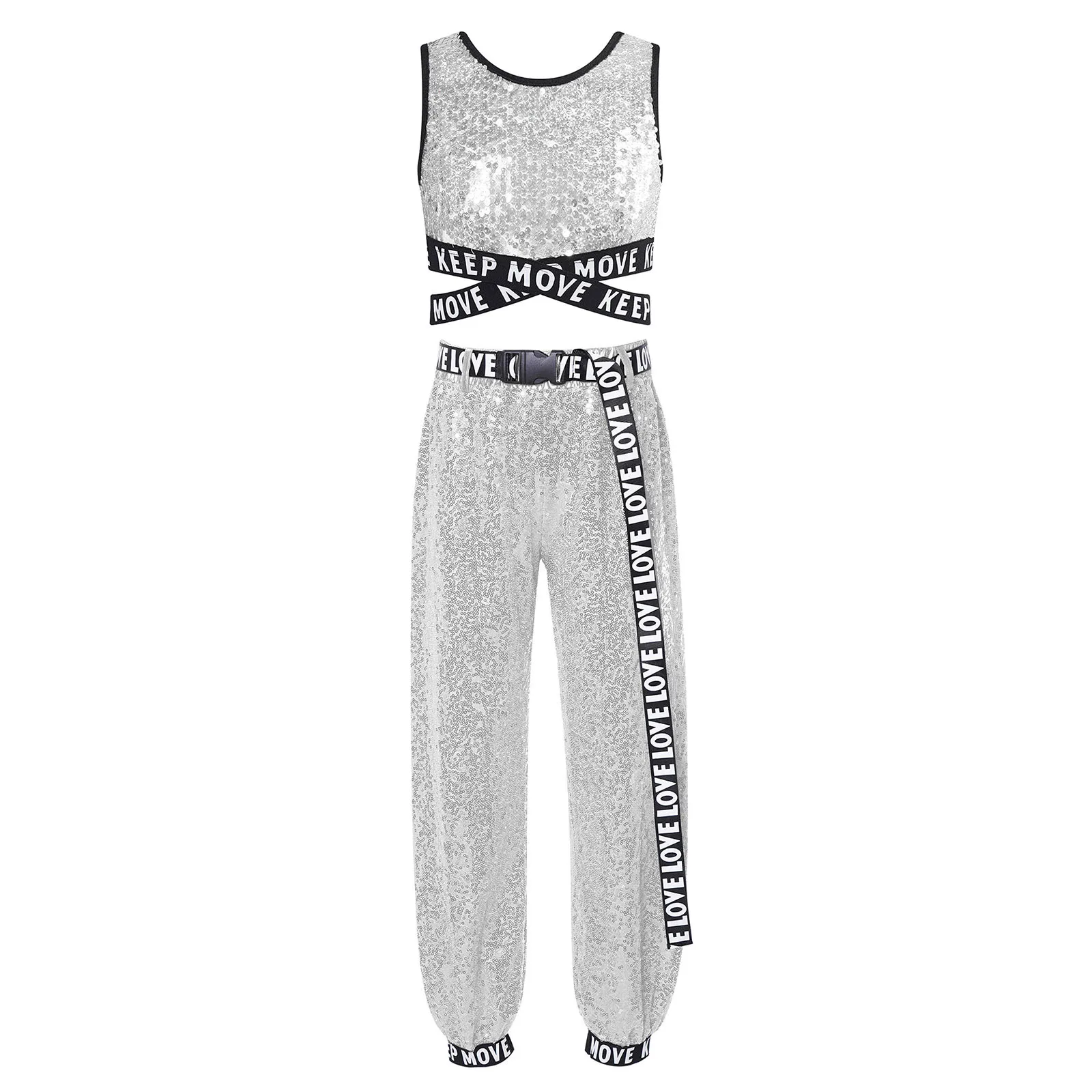 Kinder Mädchen Hip Hop Dance Outfit Funkelnde Pailletten Jazz Hiphop Kleidung Sets Crop Top mit Hosen Tanzen Set für Mädchen Dancewear