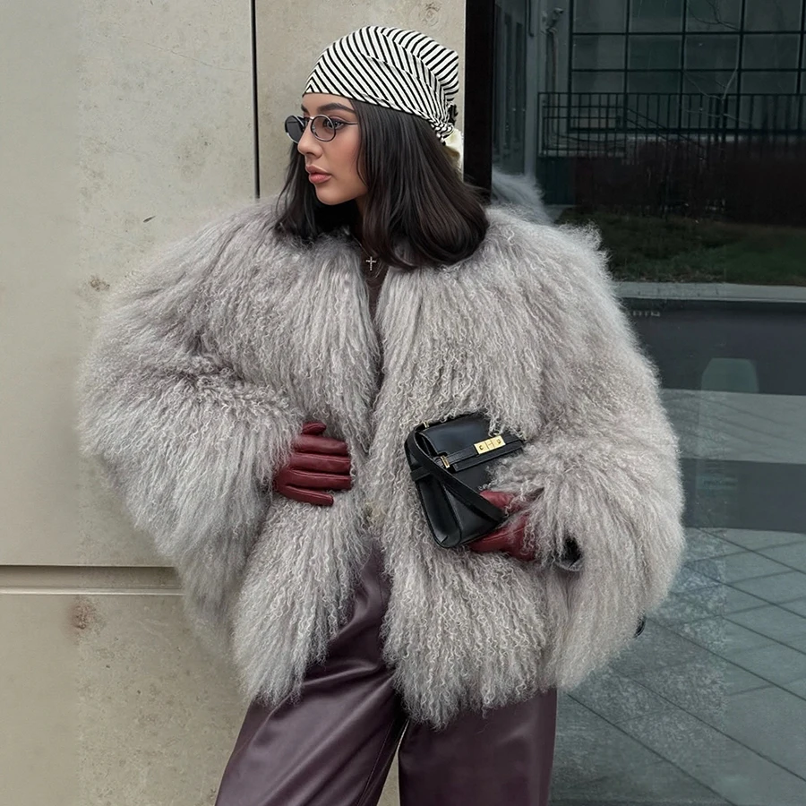 Collarless ทิเบต Lamb FUR Coat ของแท้แกะเสื้อขนสัตว์ธรรมชาติ Sheepskin Coat สินค้าใหม่หรูหราผู้หญิงเสื้อผ้า