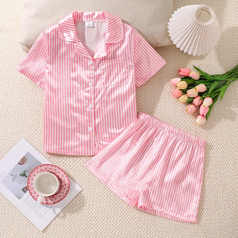 2025 Summer Child Clothes Sets Short Sleeve Turn-down Collar Striped Pink Shorts 2 Piece Sets Designer Girls Clothes Sets 8-12T