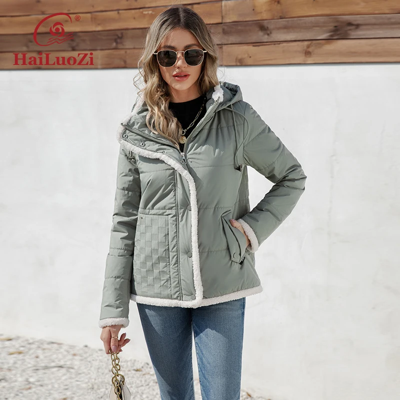 HaiLuoZi 2023 New Design Spring Women Jacket With Fur High-quality Short Female Outwear Hooded Zipper Stylish Women\'s Coat 3320