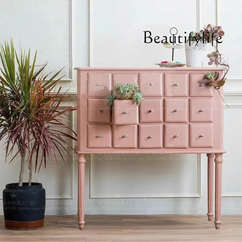 French Retro Solid Wood Multi-Drawer Hallway Locker Pink Multi-Functional Storage Grid Cabinet