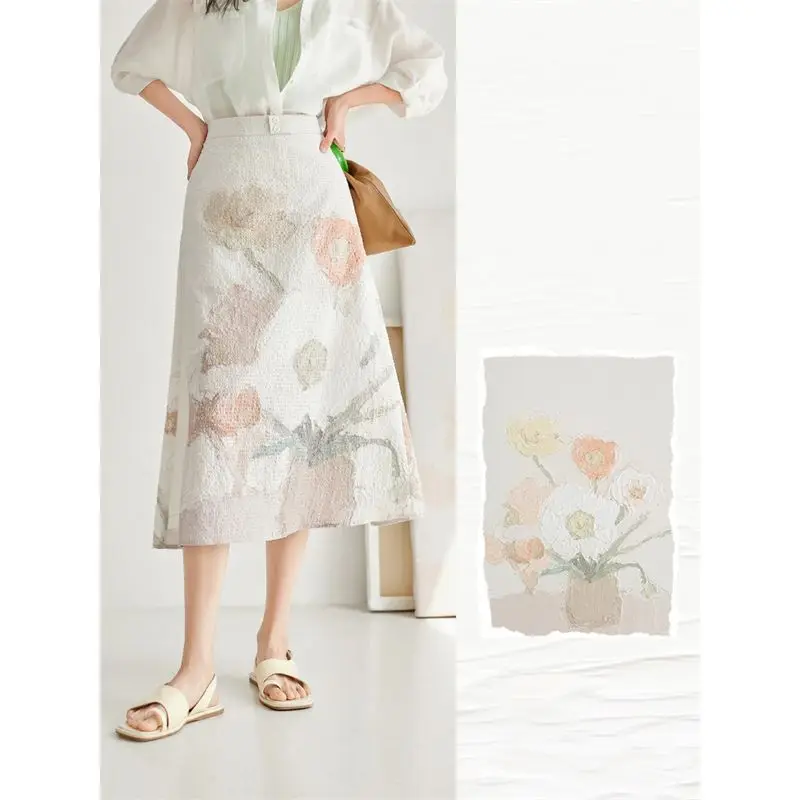 Temperamen Vintage Luxury Summer Women's Printing Elastic Waist Button Fashion Casual All-match Slim Mid-length A-LINE Skirts