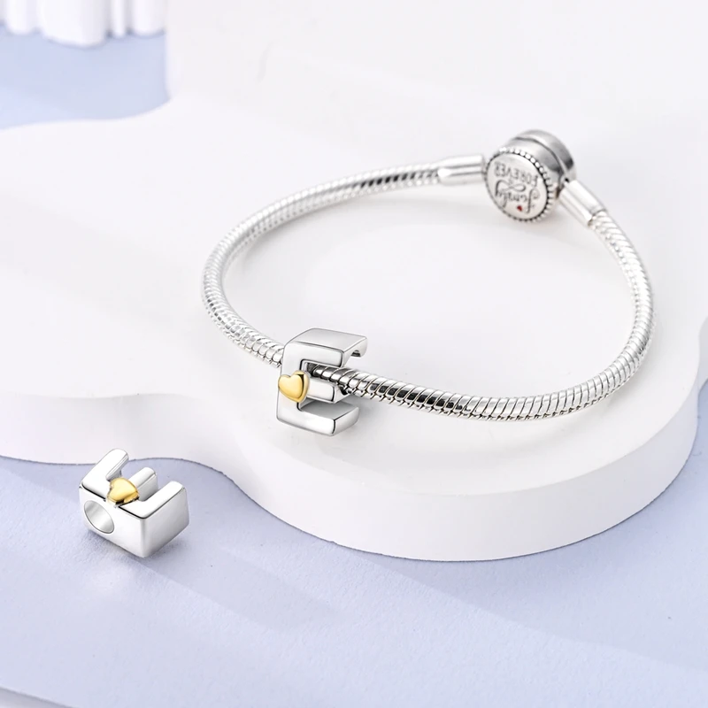 New 925 Sterling Silver Cute Gold Lucky Heart 26 Letter Series Charms Beads Fit Pan Original Bracelets DIY Gifts Fine  Jewelry image 6