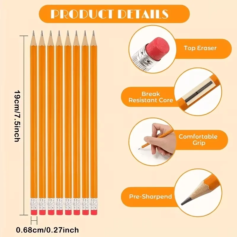 10Pcs/30Pcs/50Pcs/70Pcs Customized Personalized Orange Long Pencils, Laser-Engraved with Names and Dates - with Eraser, Wooden Body, Suitable for Students, Writing, Office Work, and Drawing, Comes with a Random Eraser