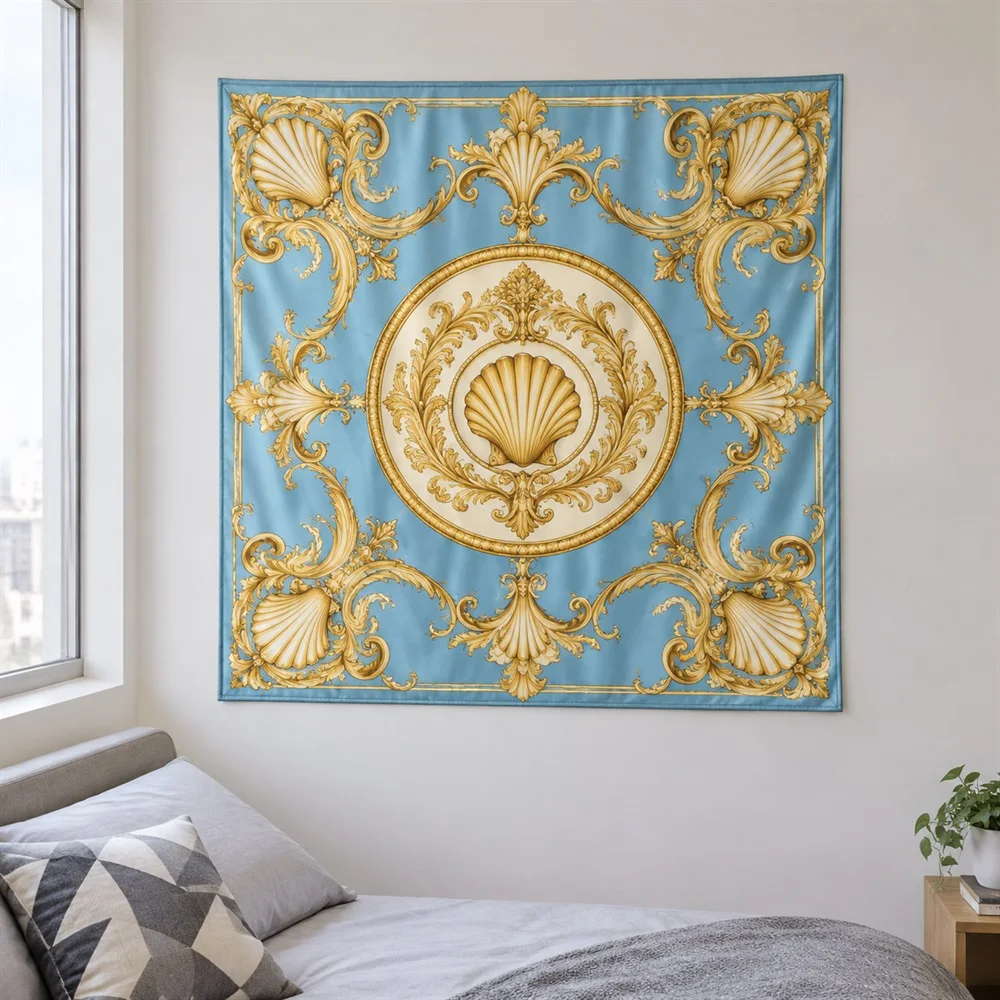 VIKAMA Baroque Gold Ornament Tapestry Wall Hanging, Vintage Rococo Wall Art, Luxury Decor for Living Room Bedroom Dining Room