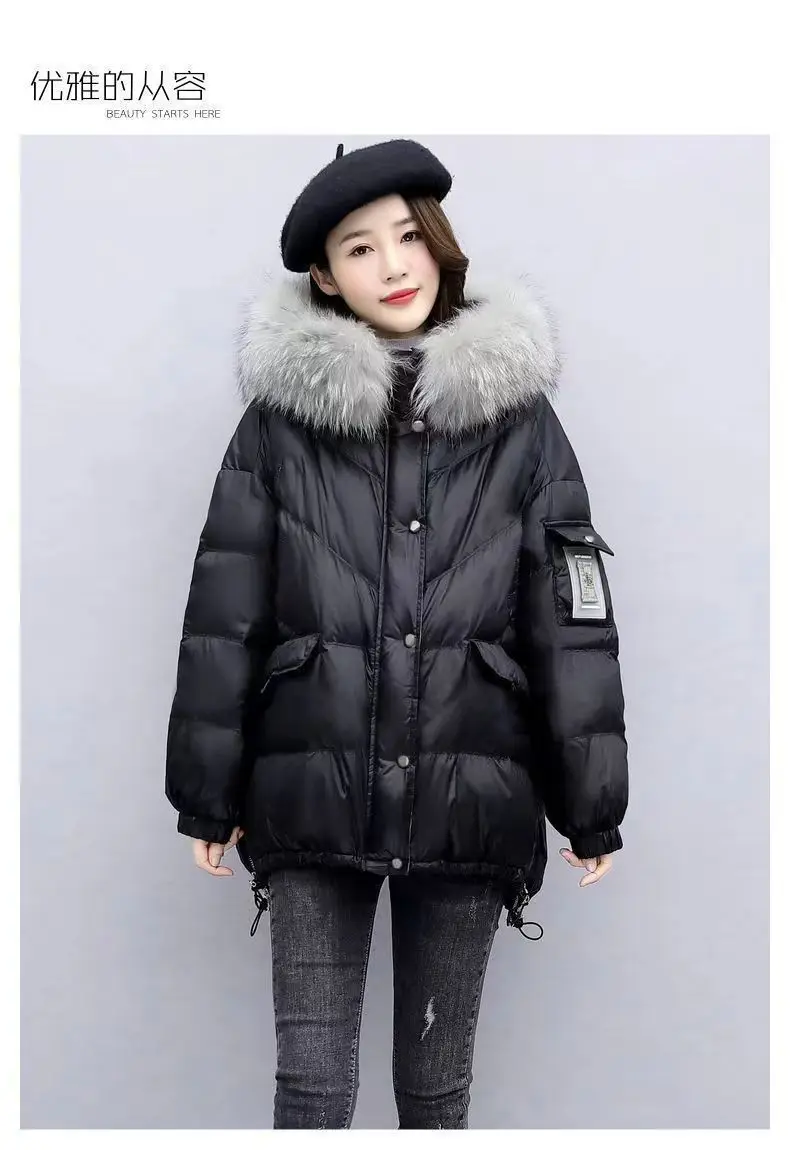 2026 Winter New Warm Down Cotton Jacket With Large Fur Collar Hooded Coat Loose Women Thicken Parker Puffer Overcoat Casual Wear