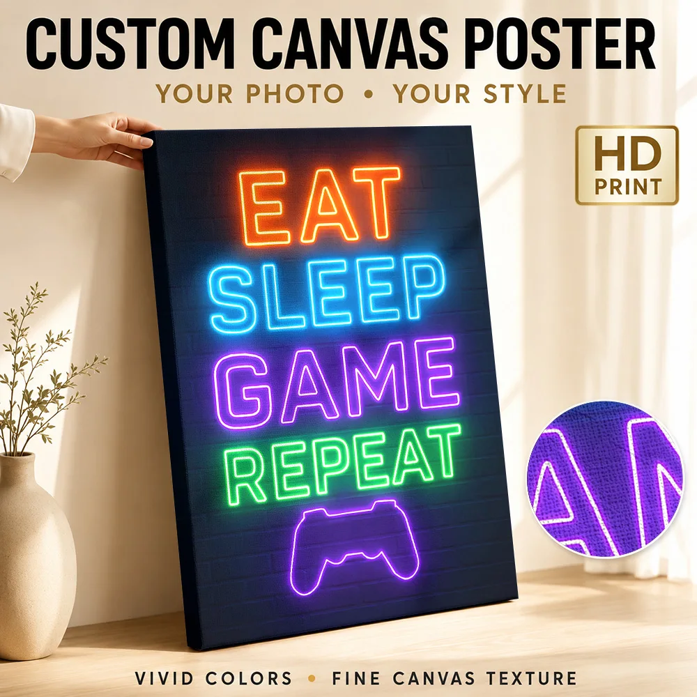 Eat Sleep Game Repeat Neon Sign Canvas Print Posters Minimalist Style Wall Art With Customized Photo For Bedroom Ideal Teen Gift