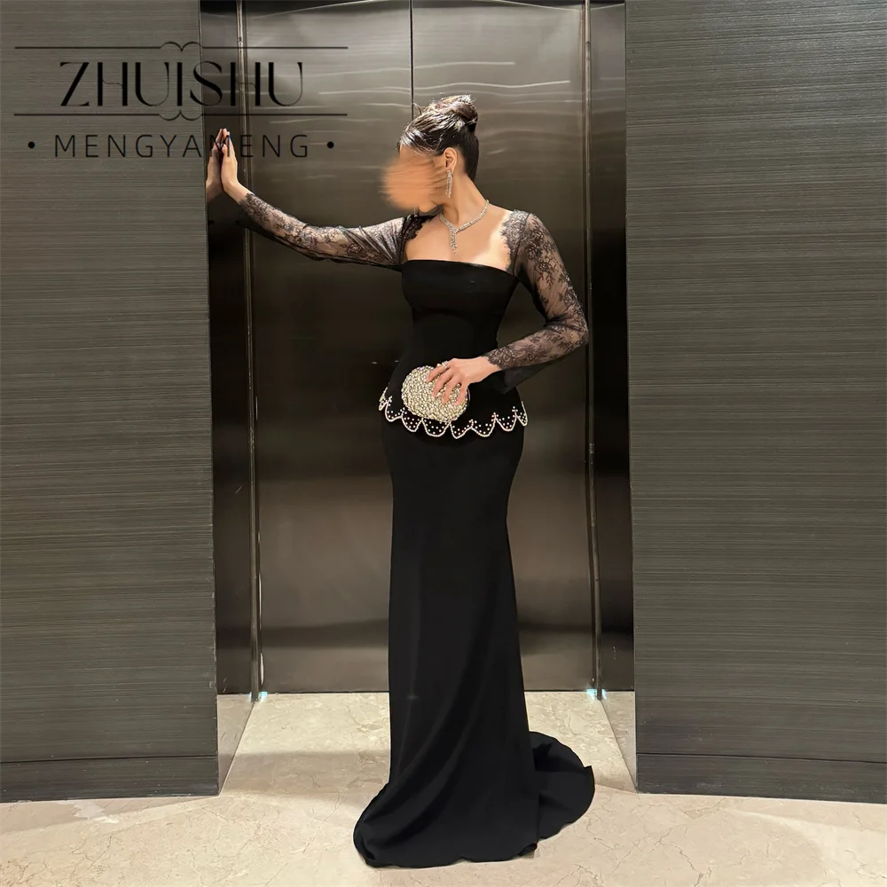 ZHUISHU Elegant Lace Mermaid Evening Dress Women Long Sleeve Square Collar Beading Evening Party Dress Customized Robe De Soirée