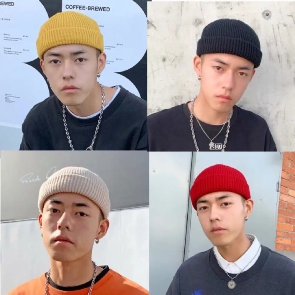 

Casual Korean Style Knitted Hats Flanged Short Hip Hop Hat Warm Fisherman Beanies Autumn and Winter