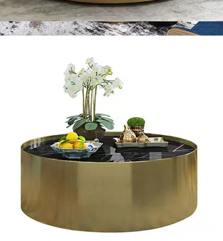 Modern minimalist golden set of high-end fashion small apartment round table light luxury stainless steel round marble coffee ta