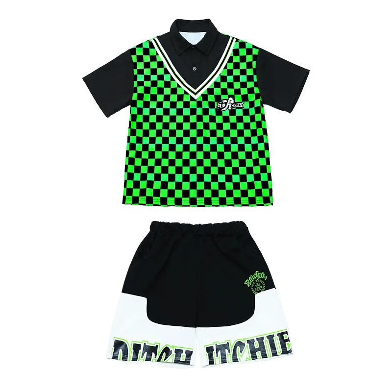 子供ヒップホップ服グリーンフェイクツーピーストップス黒白スプライシングショーツ女の子男の子ダンス衣装服