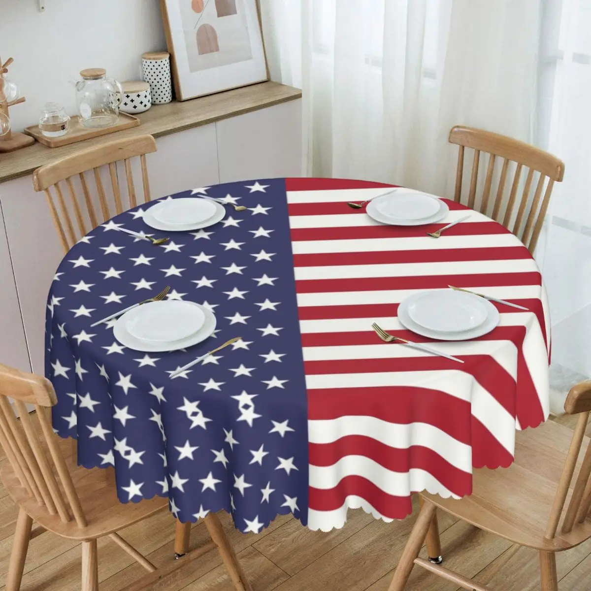 

America USA Flag Tablecloth Round Waterproof Table Cover Cloth for Kitchen 60 inch