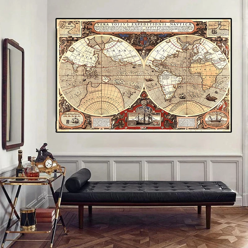 225*150cm The Retro World Map Classical Wall Art Poster Non-woven Canvas Painting School Supplies Living Room Home Decoration