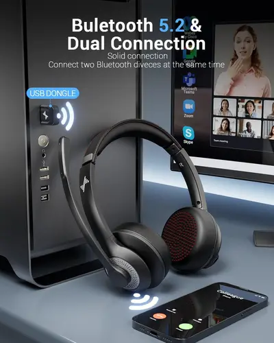 Imagen 2 del producto JIAMQISHI EH02P Auriculares inalámbricos con micrófono con cancelación de ruido AI Auriculares Bluetooth V5.2 con dongle USB, base de carga