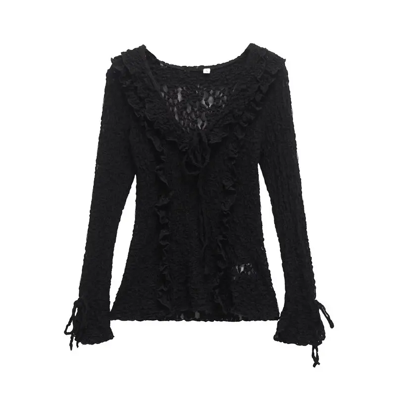 Wiosna 2025 Damska Długa Bluzka z Dekoltem w Serek, Koronkowymi Warstwami i Ozdobami, Modny Design, Uniwersalna, Regularna Długość, Inne Materiały...