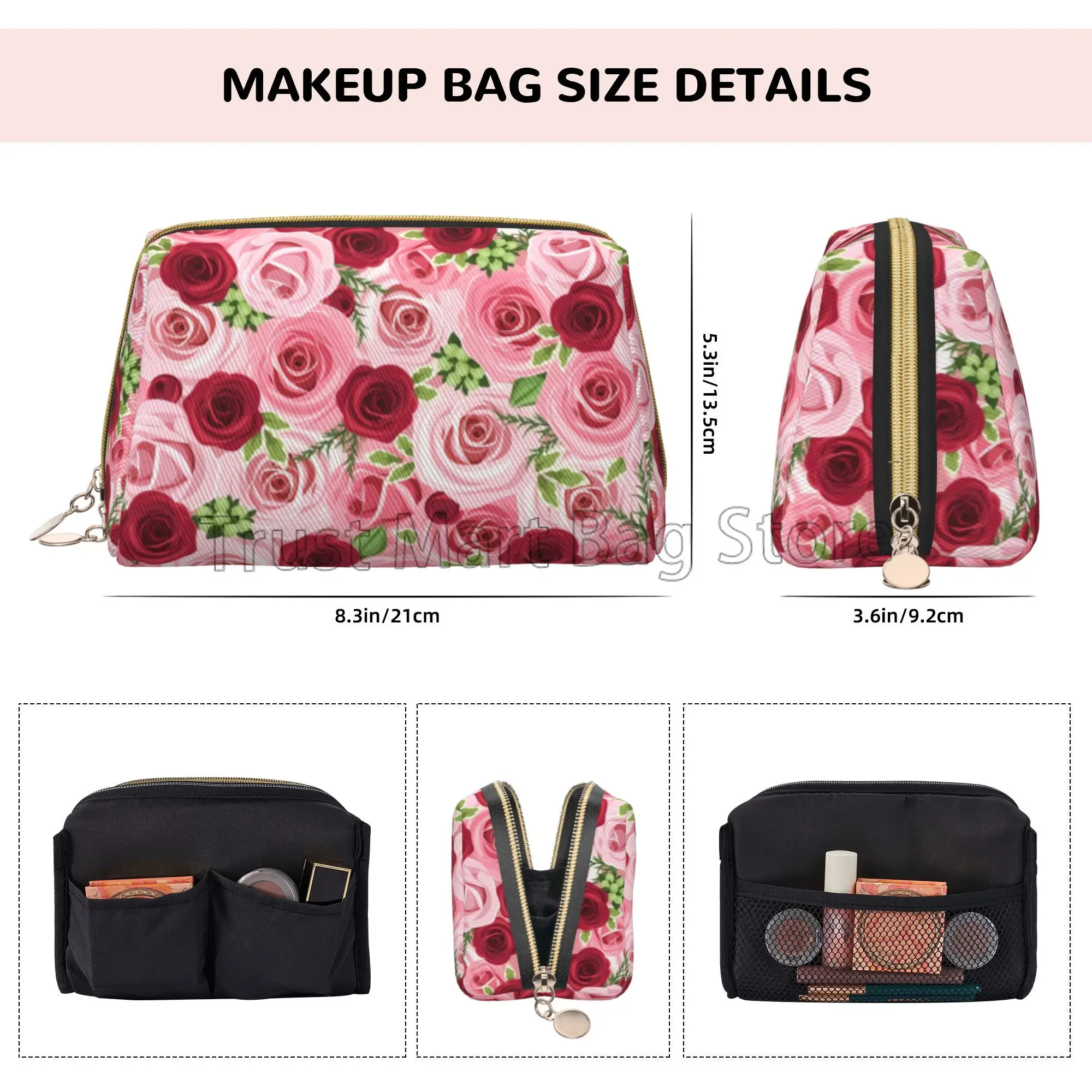 Pink Red Rose Print Large Travel Makeup Bag Pouch Cosmetic Bags Leather Waterproof Toiletry Bag for Women Valentine\'s Day Gifts