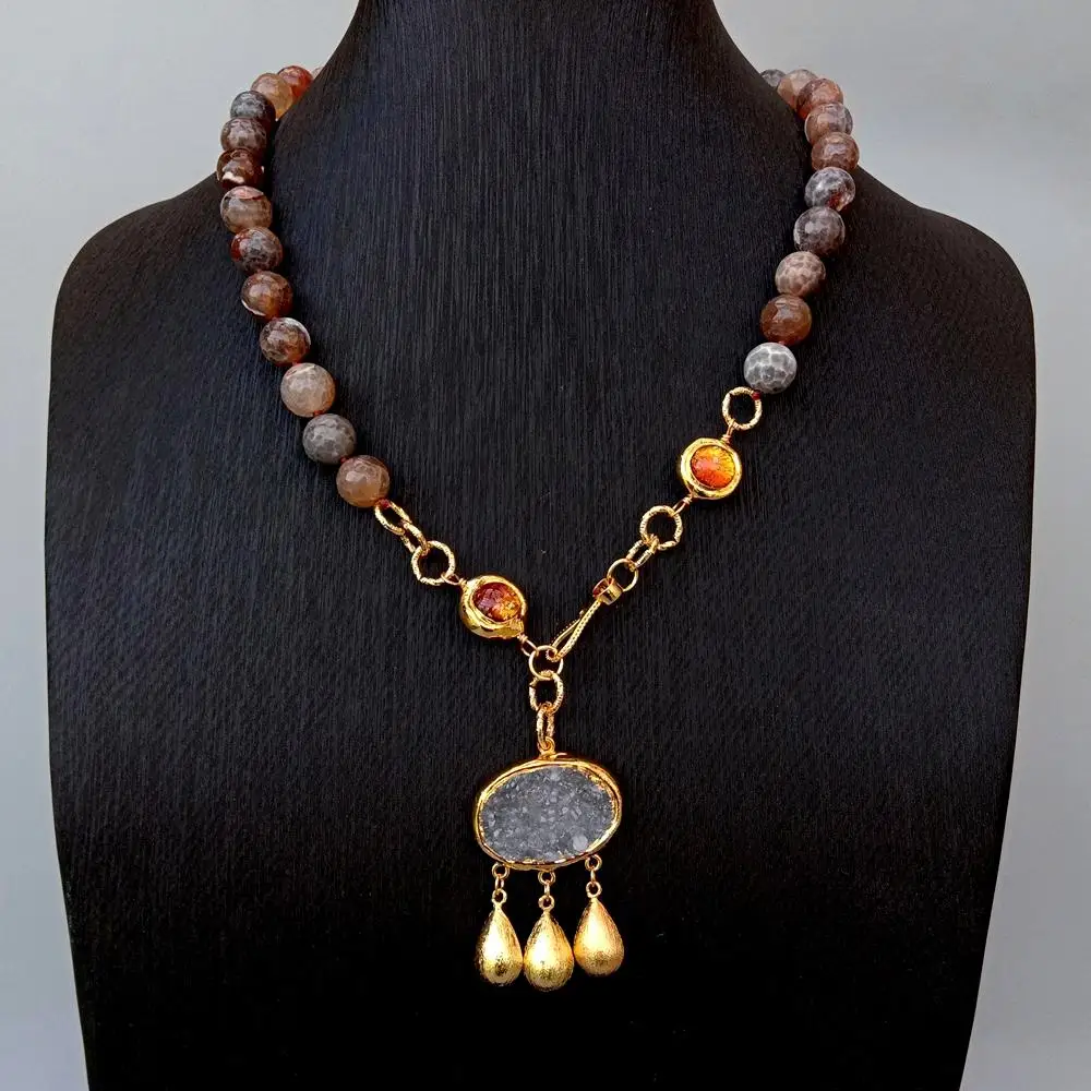 Y.YING Faceted Brown Agate Murano Glass Necklace Quartz Druzy Oval Shape Pendant 22