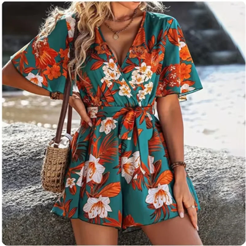 Printed V-neck Short Sleeve Jumpsuit Women Loose High Waisted Jumpsuit Beach Vacation Comfortable Summer Clothes