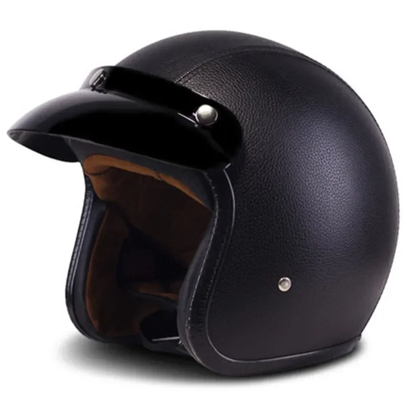 2021 Four Season Jet Helmet Open Face Motorcycle Custom Scooter Black Leather Casco